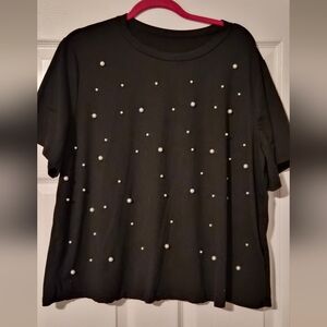 Black T-Shirt with Pearl Embellishments